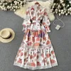 Spring Autumn Lace Edge Stand Collar Single Breasted Dress New Women Female Lantern Sleeve Slim A-line Dresses 2022