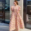 Summer Robe O-Neck Puff Manica corta Vita sottile Abiti con lacci Coreano Chic Stampa elegante Abito grande per le donne 210519