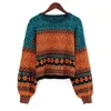 Mujer suéter corto retro chic empalme color invierno niñas jóvenes ropa cálida punto patrón de flores jersey para mujeres 211007