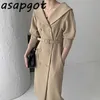 Chic Koreanisches Minimalistisches Temperament Puffärmel Mittellanges Großes Revers Zweireiher Kleid Frauen Schnürung Taille Elegantes Vestido 210610