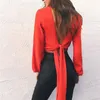 Moda Sexy mujer camisa blusa sólida señoras manga larga cintura corbata Cruz cuello en V camisa arco Sexy espalda abierta Tops negro rojo blanco X0521