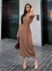 2020 Летняя осень повседневная новая мода женская высокая талия корея высокая талия лук сексуальная сгиба полного рукава платья платья maxi e144 x0521