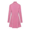 Kvinnor mode chic rosa sido delad smal stickad miniklänning kvinnlig elegant turtleneck långärmad klänningar vestidos 220215