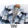 Women Fashion Double Breasted Striped Woolen Blazer Coat Vintage Long Sleeve Pockets Female Outerwear Chic Veste 210507