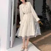 Ezgaga Zarif Elbise Kadınlar Lace Up Çiçek Örgü Patchwork Uzun Flare Kollu Japon Tarzı Yüksek Bel Elbiseler Vestidos Feminino 210430