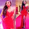 Mermaid Evening Red Dresses Beaded Pearls Ruched Pleats Long Sleeves Custom Made 2022 Prom Party Gown Side Slit Sequins Celebrity Formal Ocn Wear Vestidos