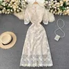 Elegant Women Embroidery Lace Dress Fashion Summer V-neck Short Sleeve Hollow Out Party Midi Plus Size Chic 210603