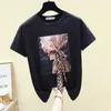 gkfnmt 한국 화이트 티셔츠 여성 의류 O- 넥 여름 반팔 아플리카 빈티지 Tshirt 탑 캐주얼 블랙 티셔츠 Femme 210623