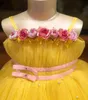 2021 Sarı Inciler Balo Tutu Çiçek Kız Elbise Moda Tül Zarif Lilttle Çocuklar Doğum Günü Pageant Weddding Gowns