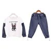 Kids Clothes Set Children's Sports Suits Cartoon Lovely Dog Print Sweatshirt and Blue Jeans Pants Fashion Christmas Outfit 210622