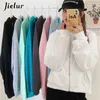 Jielur Chic 지퍼 여성 스웨트 후드 풀오버 스이드 컬러 후드 가을 느슨한 하라주쿠 여성 Tracksuit 화이트 M-2XL 210928