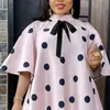 Pink Dress Stand Collar Short Sleeve Knee Length Loose Style Women Boho Fashion Ruffle Dresses Plus Size for Ladies 210527