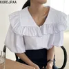 Korejpaa Kobiety Koszula Korea Letnia Moda Prosty Joker Potargany Duży Lapel Loose Single-Breasted Rękaw Bluzka Top 210526