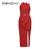 Rouge Patchwork Robe À Volants Pour Les Femmes Sans Bretelles Sans Manches Taille Haute Ceintures Irrégulières Sexy Robes Femme Mode 210520
