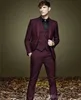 Burgundy Notch Lapel One Button Jacket+Pants+Vest+Tie Fashion Terno Masculino Costume Homme Elegant Men Suits Formal Handsome X0909