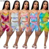2020 Women Two Pieces Sets Summer Tracksuits Strap Tie-dye Print Tops+Jogger Shorts Suit Club Leggings Sexy Fitness Outfit GL122 X0428