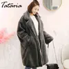 Tataria Winter Women Elegant Faux Rabbit Fur Coat for Long Loose Lapel Over Thick Warm Female Plush s 210514