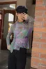 Aesthetic Crewneck Long Sleeve Mesh Top Purple Green Blouse Women See Through Patchwork Designer Fashion Clothes 210427