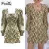 Mini abito stampato collo quadrato stile coreano manica a sbuffo casual ufficio giovane ladybeading abiti con fiocco femme vestidos za 210421