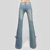 Stora flare denim byxor kvinnlig sida bandage klocka botten jeans vintage långa byxor kvinnor slits spets upp flared high fashion 211129