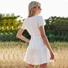Spring Poliester Suknia Balowa V-Neck White Solid Casual Damska Dress 210524