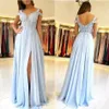 Billigt land 2021 Sky Blue A Line Bridesmaid Dresses For Weddings Chiffon Lace Appliques Side Split dragkippan Back Plus Size Maid of Honor Gowns Ppliques