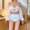 Seksi Yüksek Bel Bikini Kadınlar Katı Mayo Dantel Uzun Kollu Biquini Kapalı Omuz Mayo Push Up Mesh Pad Mayo Kore 210722