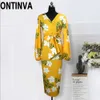 Puff Sleeve Yellow Print Flower Midi Length Bodycon Dress Omighty Summer Floral Ladies V Neck Vestidos es 210527