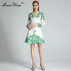 Robe de créateur de mode automne robe pour femmes col en V manches lanterne diamant à simple boutonnage feuille verte robes d'impression 210524
