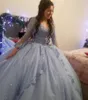 Princess Ice Blue Tulle Plus Size Ball Gown Quinceanera Dresses Beaded Sheer Long Sleeve Lace Applique Party Prom Debutante 15 Swe242g