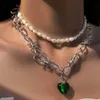 Thorns Imitation Pearls Stack Necklace Vintage for Women Charm Streetwear Green Heart Pendant Necklace Choker Jewelry