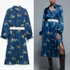 Za Flowy Animal Print Belt Satin Dress Women Long Sleeve Tied Cuffs Vintage Shirt Dresses Female Chic Hidden Button Vestido 210602