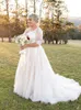 2021 Plus Size Wedding Dresses Bridal Gown A Line with 1/2 Half Sleeves Lace Applique Tulle Sweep Train Covered Buttons Back vestidos de novia