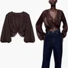 Za Knot Print Crop Blouse Kvinnor Long Puff Sleeve V Nacke Smock Top Female Fashion Vintage Short Loose Shirt 210602