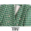 TRAF Women Fashion Double Breasted Tweed Blazer Coat Vintage Långärmad Välfickor Kvinnlig Ytterkläder Chic Veste Femme 211122