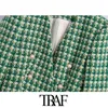 TRAF Mulheres Moda Dupla Breasted Tweed Blazer Casaco Vintage Manga Longa Solte Bolsos Feminino Outerwear Chic Vesté Femme 211122