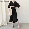 Nomikuma Cotone Lino Scollo a V Manica corta Abito nero Donna Tinta unita Abiti larghi vintage Moda casual Abbigliamento per la casa 3a613 210514