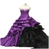 Vintage Purple And Black Wedding Dress 2022 Ruched Tiered Skirt Long Sweetheart Organza Bridal Gowns Pleats Back Lace-Up Plus Size Gothic Bride Dresses