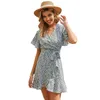 Summer Beach doux imprimé robe à col en V pour femmes à manches courtes en dentelle en mousseline de soie dames mini vintage A-Line vestido 210508