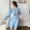 Robe chemise plissée de couleur unie Femmes Flare Manches Élégant Bureau Printemps et Automne Slim Tunique Casual 210506