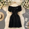 Neploe Sexy Slash Neck Shoulder Strapless Temperament Dress Women High Waist Hip A Line Slim Vestidos Short Sleeve Solid Robe 210423