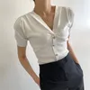 Verão coreano malha pulôver camisola mulheres manga curta v-pescoço único breasted tops slim elegante elegante moda senhoras jumpers 210513