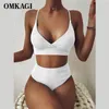 Omkagi Kobiety Strój kąpielowy żebrowane Wysoką Talię Solidna Czarna Biała Push Up Bikini Zestawy Swimwear Kobieta z wyściełanym kostium kąpielowy 210702