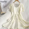 Nepoel hit kleur patchwork boog jurk vrouwen sexy open rug solid temperament vestidos zomer korte mouw plooien robe slanke C0607