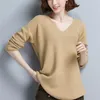 Sweter z długim rękawem Luźne sweter Kobiety były cienką dekolt Elegancką mody Solid Color Rib Knit Spring 210427