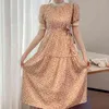 Retro Krainy Koronki Patchwork Sukienki Szyfonowe Kobiety Lato Krótki Rękaw O-Neck Up Waist Sukienka Kwiatowy Drukowane Kobiet Vestidos 210514