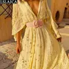 Half Sleeve V-Neck Solid Long Dress Boho Pentagram Decorated Home Dresses Summer Casual Comfortable Breathable Holiday Sukienki 210515