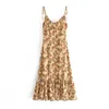 Holiday Summer Yellow Floral Print Sling Dress Sexy V Neck A-line Chiffon Long Bandage Adjust Spaghetti Strap Beach 210429