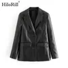 Mulheres Streetwear Preto Pu Faux Leather Blazer Casaco Revestido Collar Único Jaqueta Breasted Manga Comprida Outerwear Tops 210508