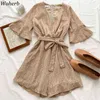 Kvinnor Eleganta Rompare Koreanska Solid Sommar Kortärmad Med Bälte V-Neck Lace Jumpsuits Kvinnliga Oavsett mode kläder 210422